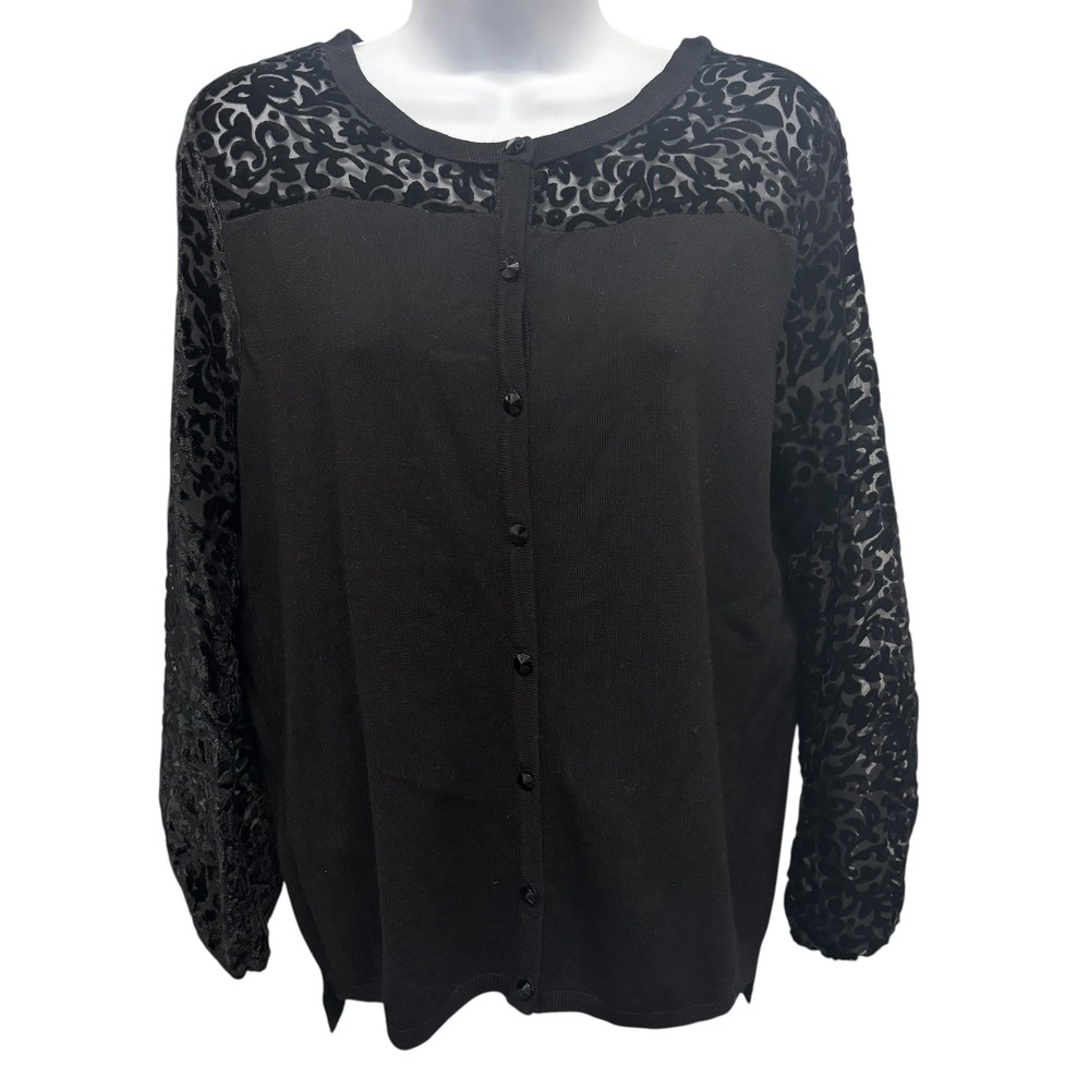 JOSEPH A Black Velvet Burnout Sheer Sleeve Cardigan Sweater Women's Medium